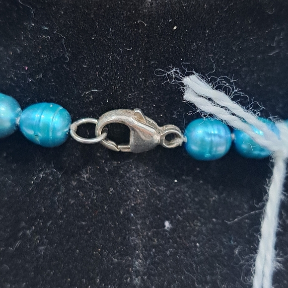 Vintage Dyed Cyan Blue Pearl necklace size Potato  Pearls 6mm- 10.5 mn - Picture 5 of 12